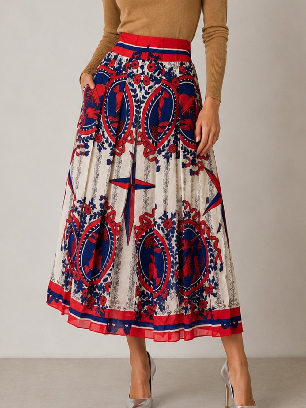 GUCCI Skirt L’Aveugle Monarchist Star Carillon Bloom Pleated Midi EU 42